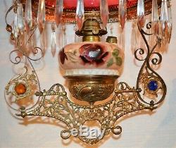 Victorian Cranberry Red Jeweled Pull Down Oil Lamp withCrystals Painted Font 1880s