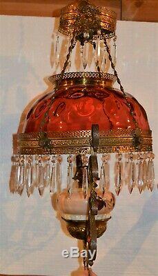 Victorian Cranberry Red Jeweled Pull Down Oil Lamp withCrystals Painted Font 1880s