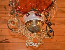 Victorian Cranberry Red Jeweled Pull Down Oil Lamp withCrystals Painted Font 1880s