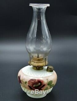 Victorian Cranberry Red Jeweled Pull Down Oil Lamp withCrystals Painted Font 1880s