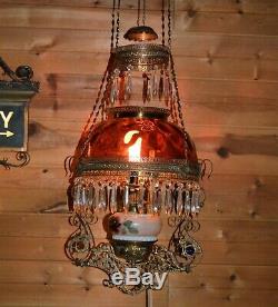Victorian Cranberry Red Jeweled Pull Down Oil Lamp withCrystals Painted Font 1880s