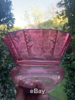 Victorian Duplex Cranberry Etched Glass Tulip Oil Lamp Shade 4