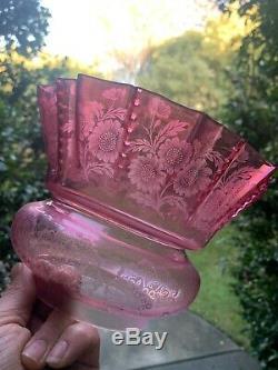 Victorian Duplex Cranberry Etched Glass Tulip Oil Lamp Shade 4