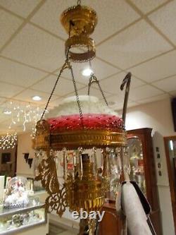 Victorian (E. M. Co.) Hanging Parlor / Library Kerosene Oil Lamp Unusual Shade