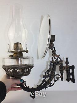 Victorian East Lake Cast Iron Wall Bracket Oil Lamp w Mercury Reflector Antique