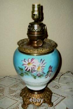 Victorian Electrified Oil Lamp HP Aqua Glass Bronze Ornate Converted Antique