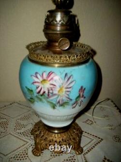 Victorian Electrified Oil Lamp HP Aqua Glass Bronze Ornate Converted Antique