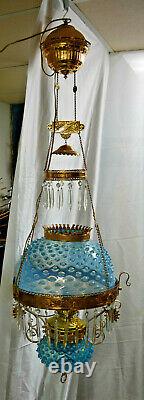 Victorian Electrified Re-Brassed Hanging Oil Lamp with Blue Hobnail Shade