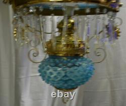 Victorian Electrified Re-Brassed Hanging Oil Lamp with Blue Hobnail Shade