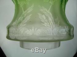 Victorian Emerald Green Beautifully Etched Glass Tulip Oil Lamp Shade 4 Fitter