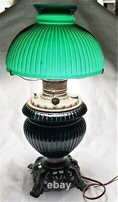 Victorian Emeralite Green Ribbed Cased Glass Oil Student Rail Lamp Electrified