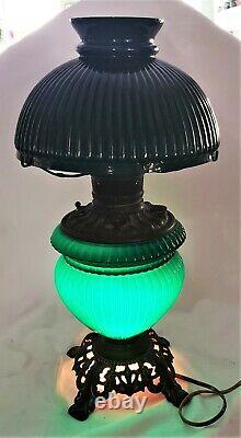 Victorian Emeralite Green Ribbed Cased Glass Oil Student Rail Lamp Electrified