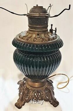 Victorian Emeralite Green Ribbed Cased Glass Oil Student Rail Lamp Electrified