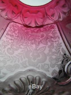 Victorian Etched & Moulded Graduated Cranberry Glass Oil Lamp Shade 4 Fitter