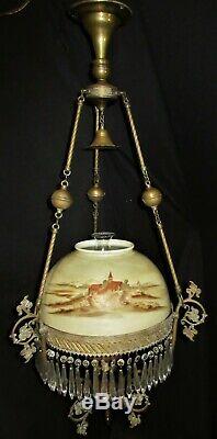 Victorian European Shade Hanging Parlor Library Kerosene Oil Lamp Electrified