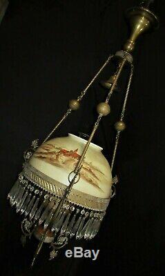 Victorian European Shade Hanging Parlor Library Kerosene Oil Lamp Electrified