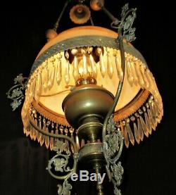 Victorian European Shade Hanging Parlor Library Kerosene Oil Lamp Electrified