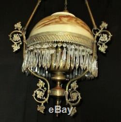 Victorian European Shade Hanging Parlor Library Kerosene Oil Lamp Electrified