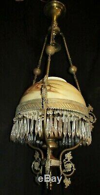 Victorian European Shade Hanging Parlor Library Kerosene Oil Lamp Electrified
