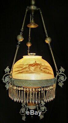 Victorian European Shade Hanging Parlor Library Kerosene Oil Lamp Electrified