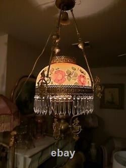 Victorian French Antique Hanging Oil Lamp with Prisms
