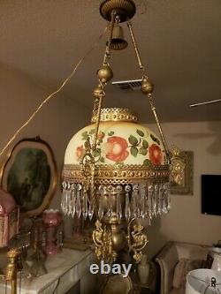 Victorian French Antique Hanging Oil Lamp with Prisms