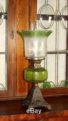 Victorian Gilt Cast Iron Base Duplex Oil Lamp with Tinted Glass Shade 5469