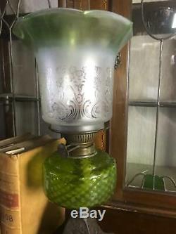 Victorian Gilt Cast Iron Base Duplex Oil Lamp with Tinted Glass Shade 5469