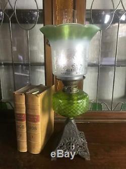 Victorian Gilt Cast Iron Base Duplex Oil Lamp with Tinted Glass Shade 5469