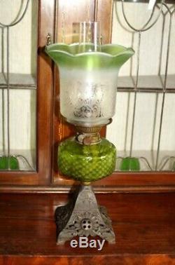 Victorian Gilt Cast Iron Base Duplex Oil Lamp with Tinted Glass Shade 5469