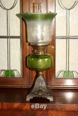 Victorian Gilt Cast Iron Base Duplex Oil Lamp with Tinted Glass Shade 5469