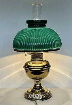 Victorian Green Ribbed Shade Kerosene Oil Lamp Banquet Polished Brass GWTW Elect