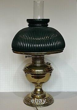 Victorian Green Ribbed Shade Kerosene Oil Lamp Banquet Polished Brass GWTW Elect