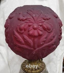 Victorian Gwtw Oil Lamp Consolid Iris Ruby Red Globe & Wrought Iron Ornate Base