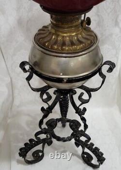 Victorian Gwtw Oil Lamp Consolid Iris Ruby Red Globe & Wrought Iron Ornate Base