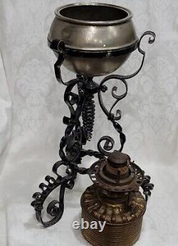 Victorian Gwtw Oil Lamp Consolid Iris Ruby Red Globe & Wrought Iron Ornate Base