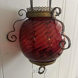 Victorian Hanging Oil Lamp Cranberry Swirl Glass Globe Brass Chains COMPLETE