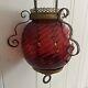 Victorian Hanging Oil Lamp Cranberry Swirl Glass Globe Brass Chains COMPLETE