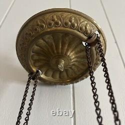 Victorian Hanging Oil Lamp Cranberry Swirl Glass Globe Brass Chains COMPLETE