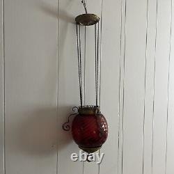 Victorian Hanging Oil Lamp Cranberry Swirl Glass Globe Brass Chains COMPLETE