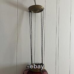 Victorian Hanging Oil Lamp Cranberry Swirl Glass Globe Brass Chains COMPLETE