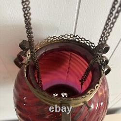 Victorian Hanging Oil Lamp Cranberry Swirl Glass Globe Brass Chains COMPLETE