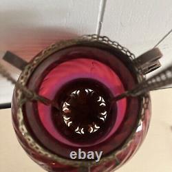 Victorian Hanging Oil Lamp Cranberry Swirl Glass Globe Brass Chains COMPLETE