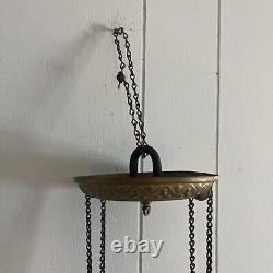 Victorian Hanging Oil Lamp Cranberry Swirl Glass Globe Brass Chains COMPLETE