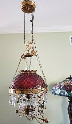 Victorian Hanging Oil Lamp Electrified 14 Cranberry Hobnail Glass Shade Gwtw