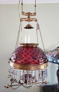 Victorian Hanging Oil Lamp Electrified 14 Cranberry Hobnail Glass Shade Gwtw