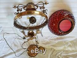 Victorian Hanging Oil Lamp Electrified 14 Cranberry Hobnail Glass Shade Gwtw