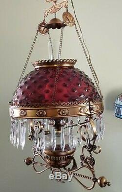 Victorian Hanging Oil Lamp Electrified 14 Cranberry Hobnail Glass Shade Gwtw