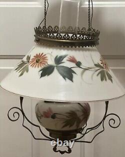 Victorian Hanging Oil Parlor Library Ceiling Lamp Hard Wired Floral Milk Glass