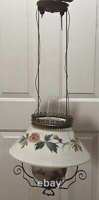 Victorian Hanging Oil Parlor Library Ceiling Lamp Hard Wired Floral Milk Glass